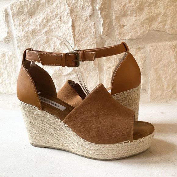 Steve Madden Jaylen Suede Leather Peep Toe Tan‎ Wedge Sandals Size 9.5 - Picture 2 of 7